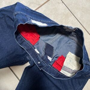 Men's Slim Straight Jeans in Deep Blue with Red Highlights